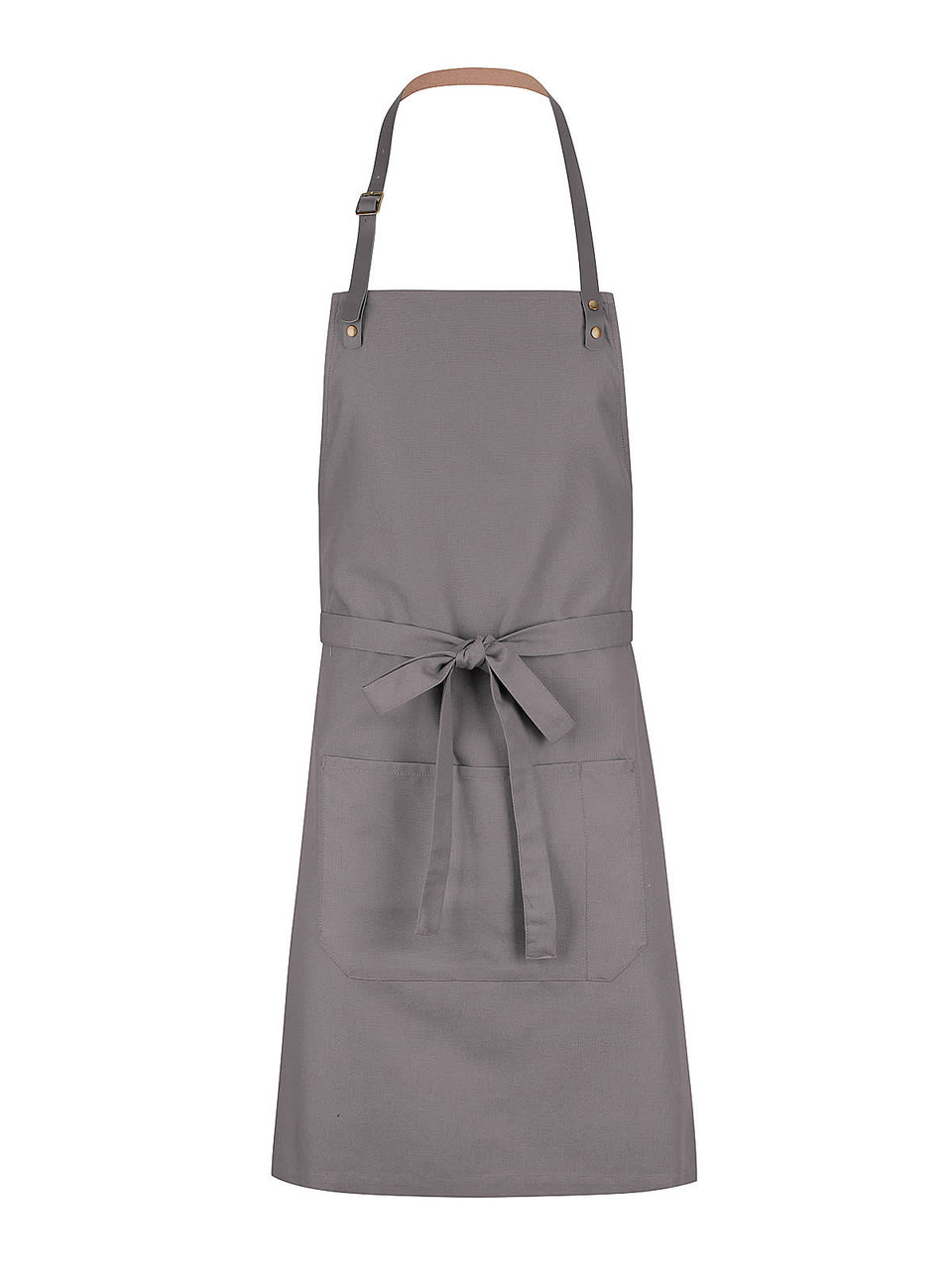 A grey bib apron with adjustable straps and a front pocket, featuring a logo on the fabric.