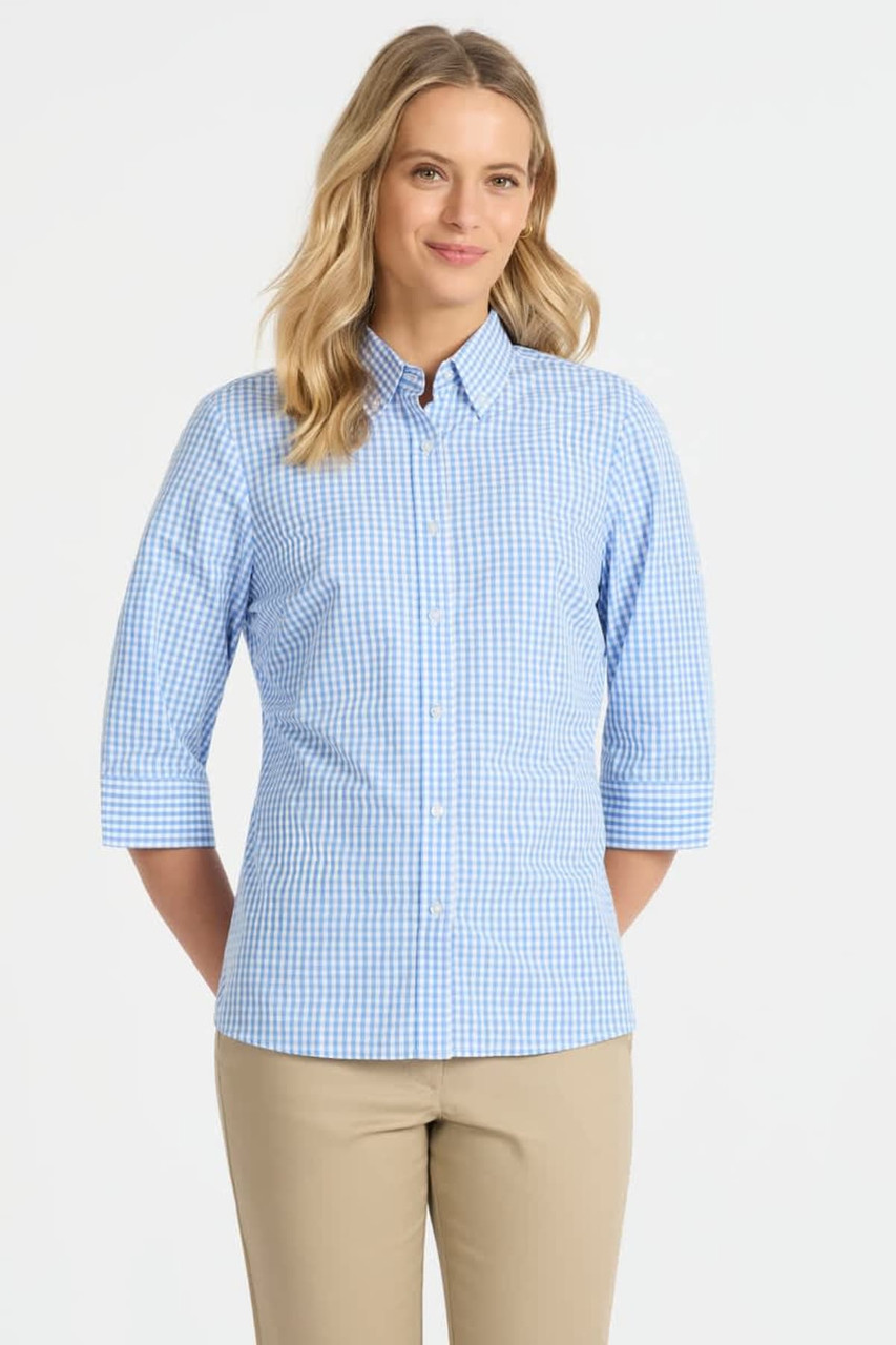 A blue and white checked ladies' 3/4 sleeve button-up shirt with a collar. Features a logo on the chest.