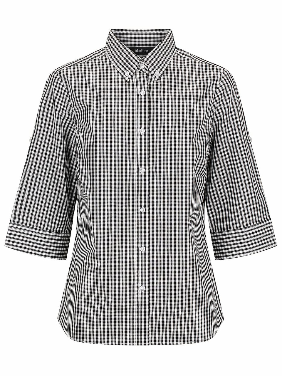 A black and white checked ladies' 3/4 sleeve button-up shirt with a collar and branding.