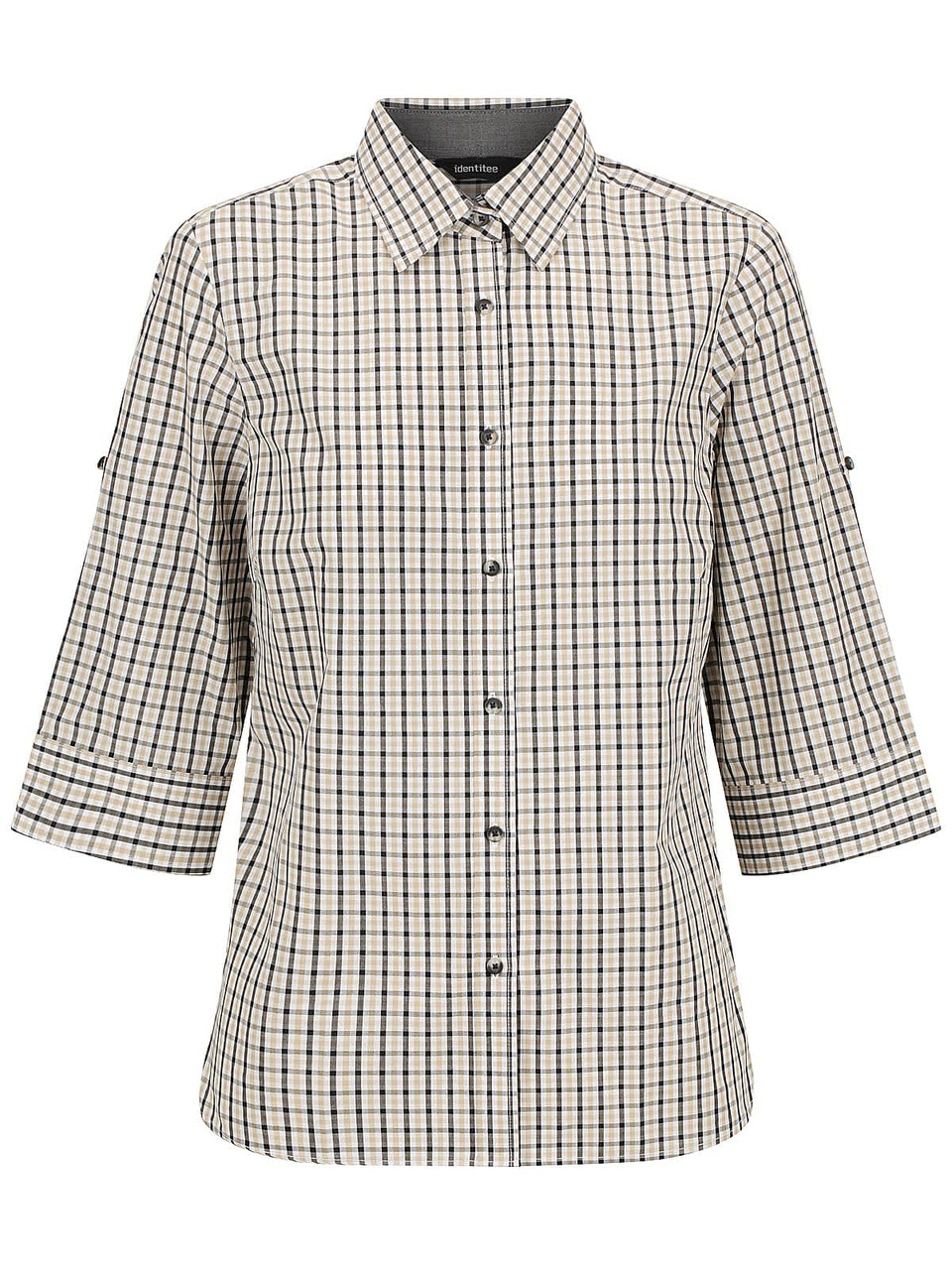 A button-up shirt in a checkered pattern with 3/4 sleeves, featuring navy and cream colours. Includes a logo.