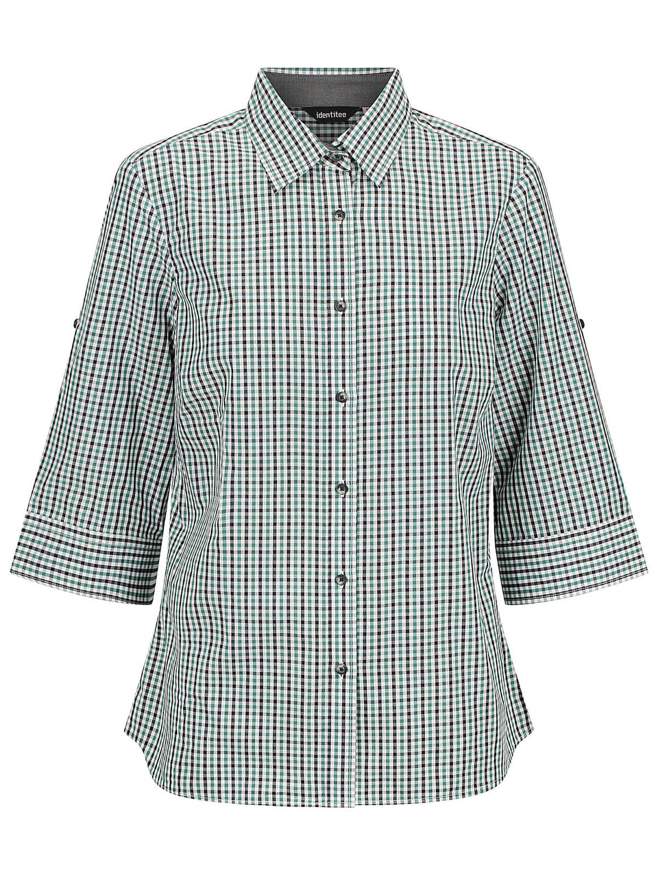 A 3/4 sleeve button-up shirt featuring a green and white checkered pattern. The shirt has a collar and button closure.