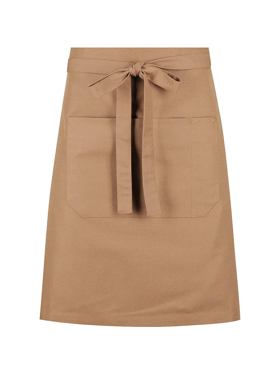 A brown waist apron featuring a tie at the waist and two front pockets. It has a simple design and includes branding.
