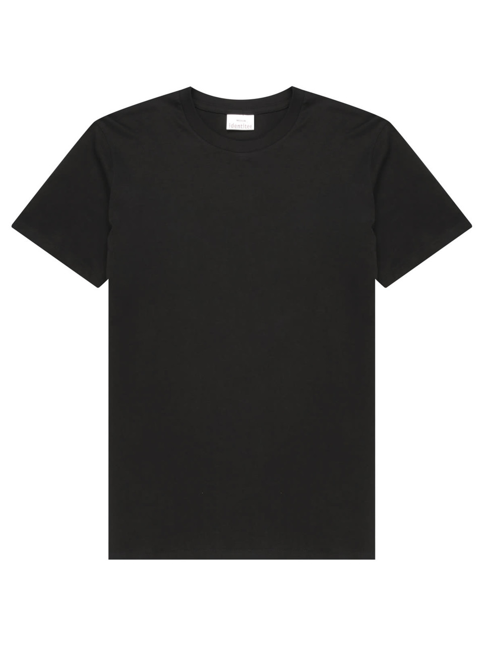 A black men's T-shirt with a round neckline and short sleeves, featuring a logo on the tag.