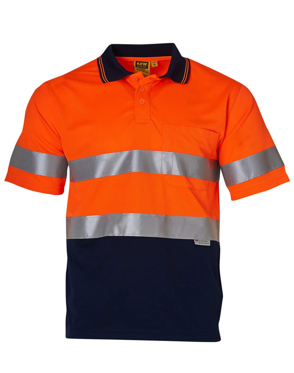 An orange and navy short-sleeve safety polo with reflective 3M tape and a pocket, featuring a logo on the front.