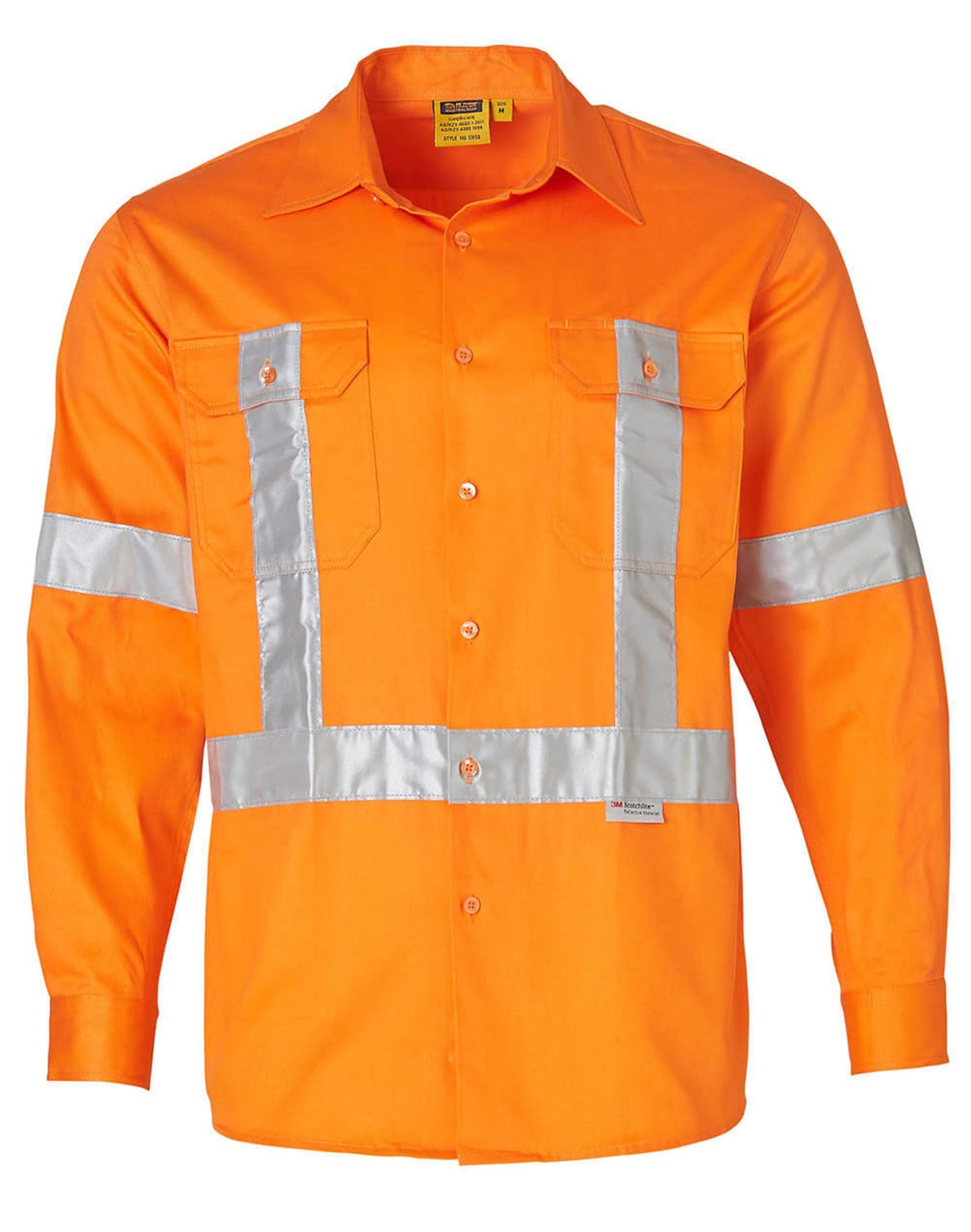 An orange long-sleeve shirt featuring reflective silver stripes and pockets, designed for safety wear. It has a logo.