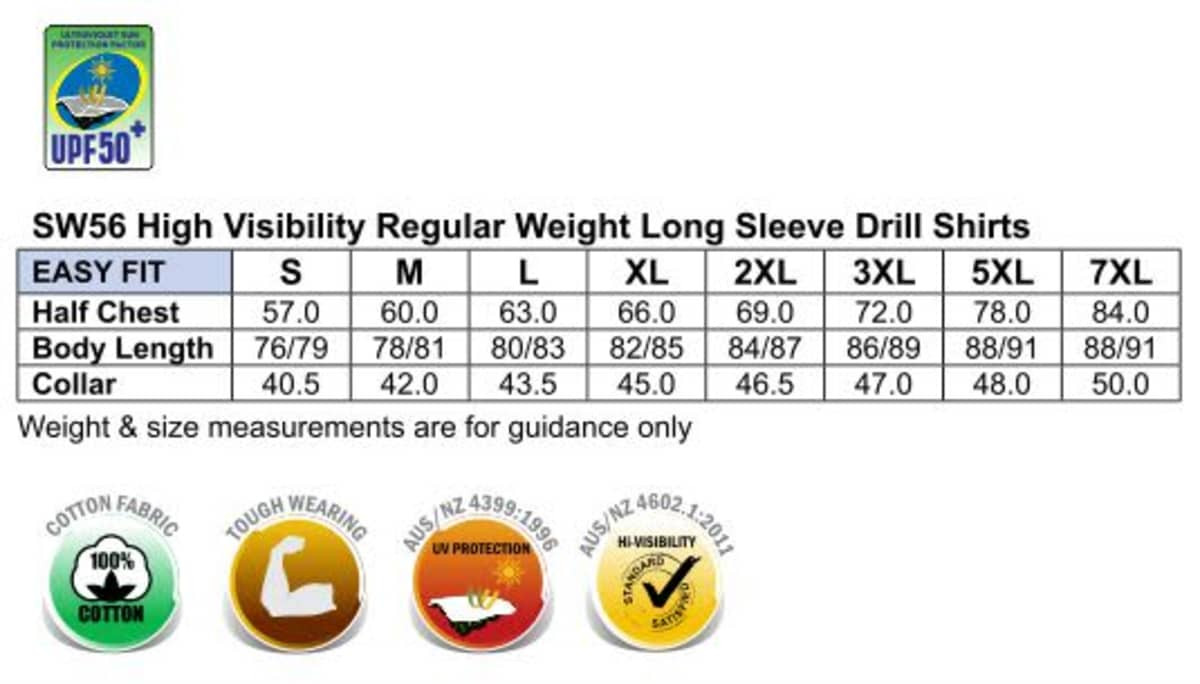 A size chart for men's high visibility long sleeve drill shirts featuring measurements for various sizes.