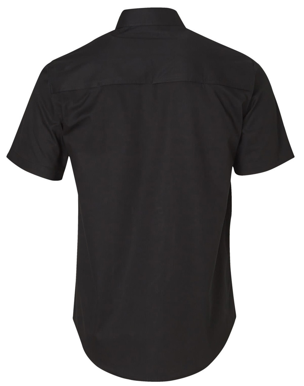 A short-sleeve cotton work shirt in black, featuring a back yoke and a logo.