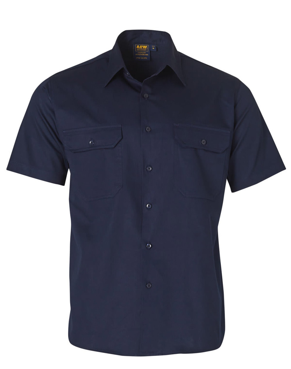 A navy blue short-sleeve cotton work shirt with two chest pockets and a branded label.