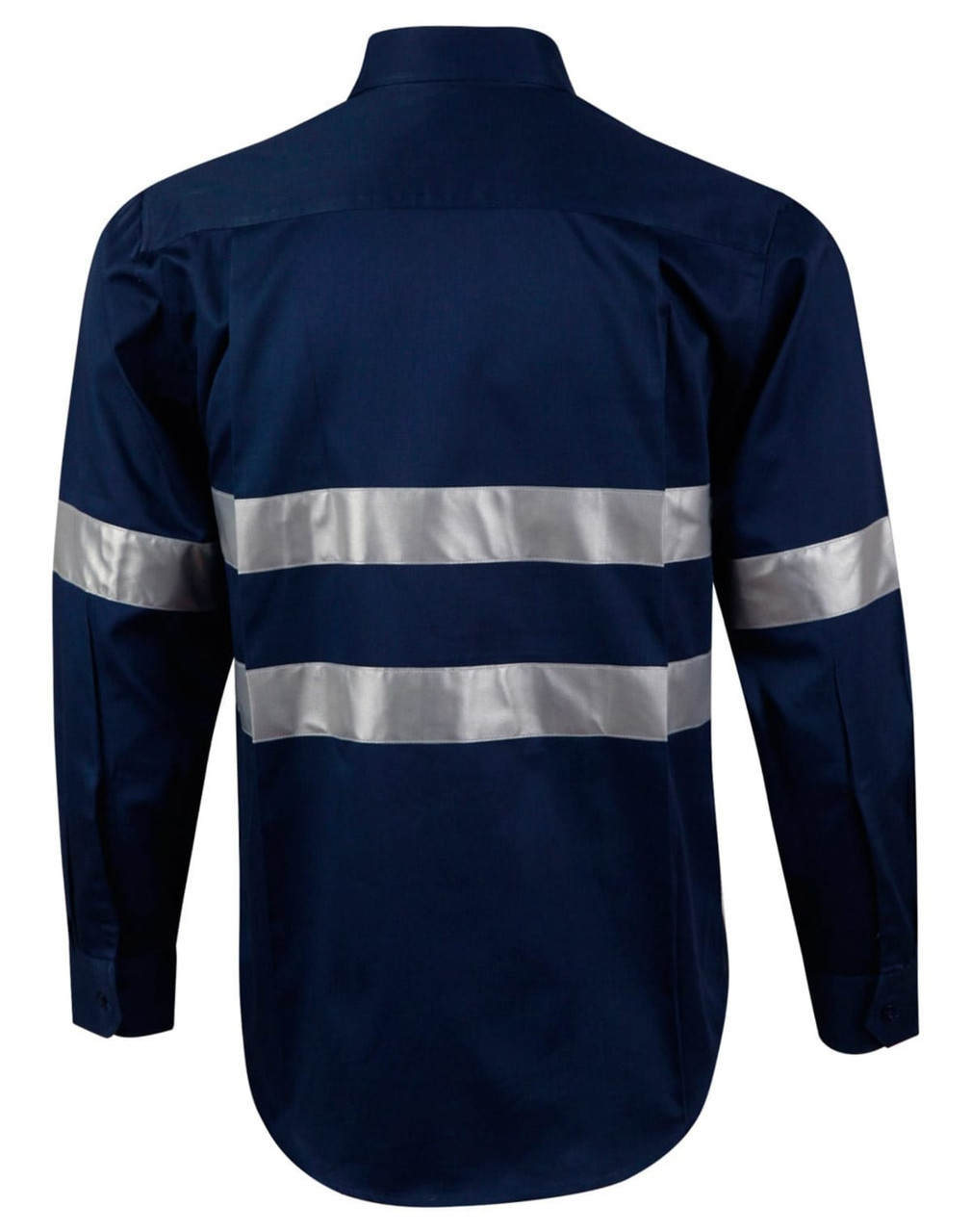 A navy blue long-sleeve work shirt featuring reflective 3M tape stripes and a logo.