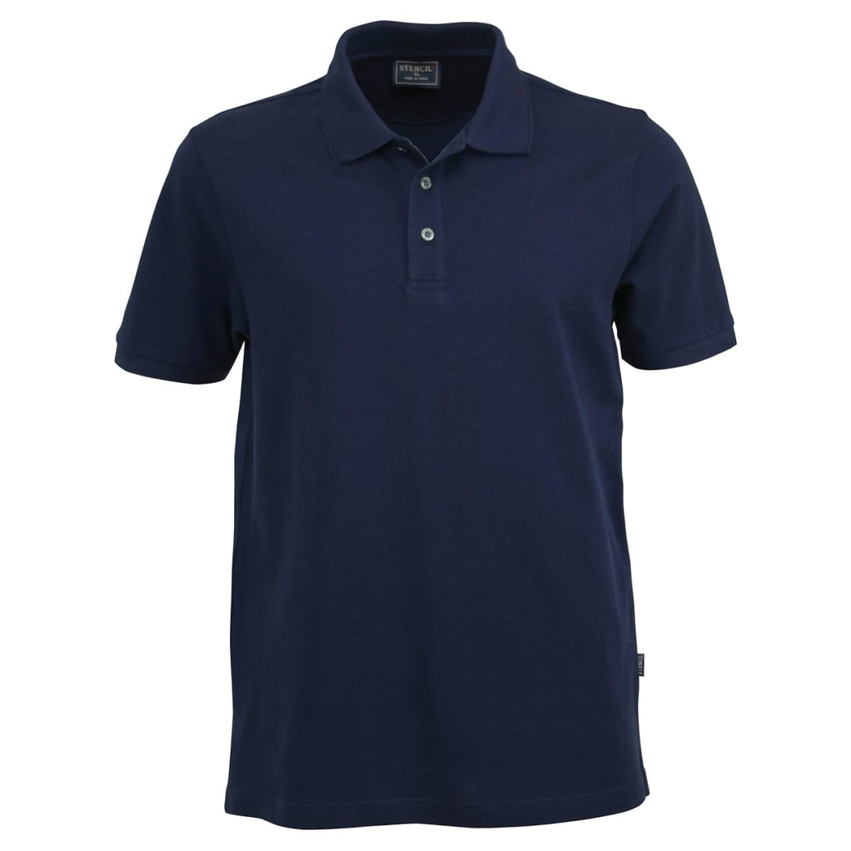 A navy blue men's polo shirt featuring a classic collar and three-button placket, with a logo on the tag.