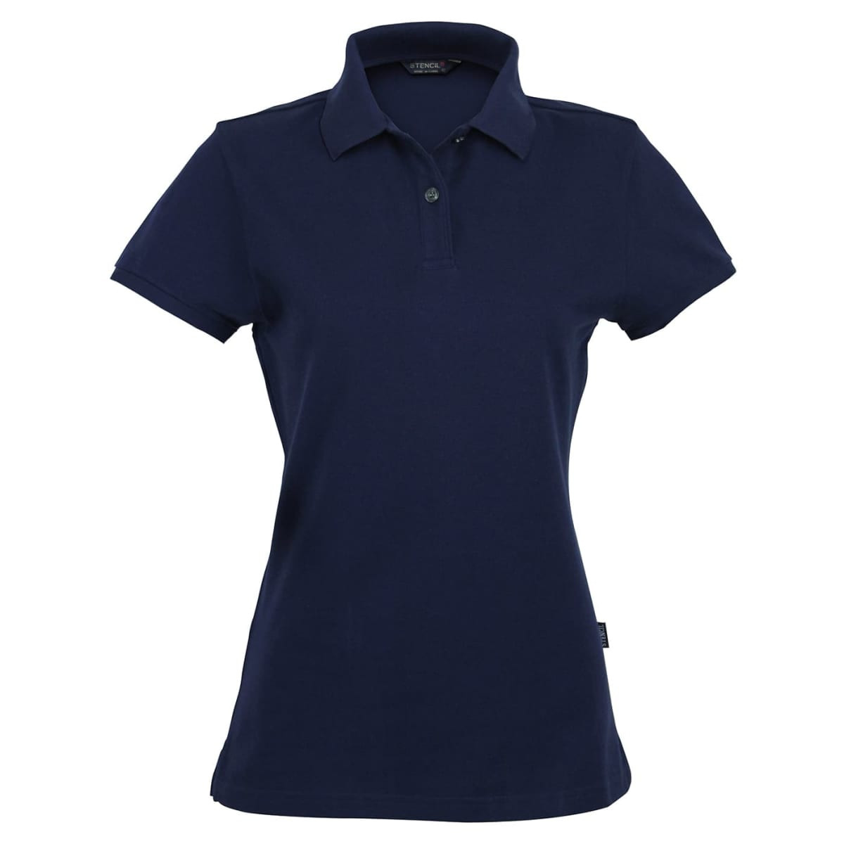 A ladies' polo shirt in navy blue with a collar and button detail. It features a logo on the fabric.