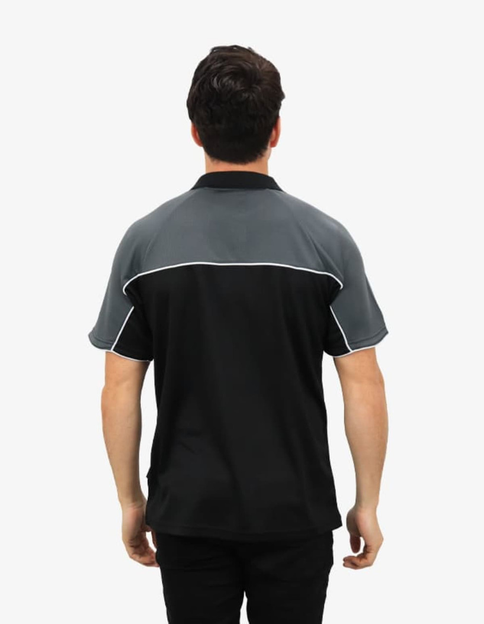 A black and grey polo shirt with contrasting piping and a logo on the back.