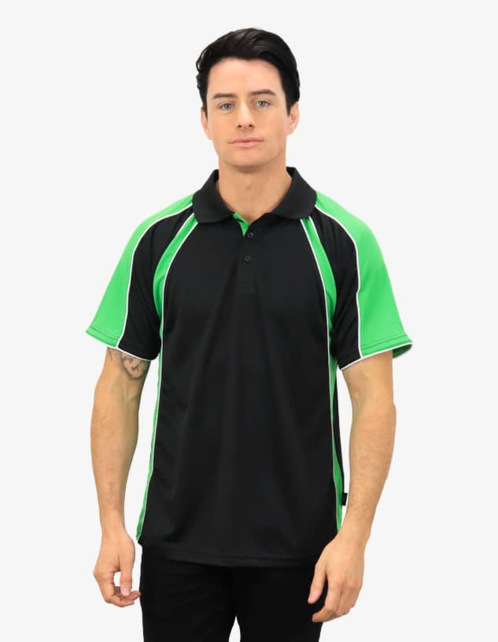 A black and green polo shirt featuring contrast detailing and a logo.