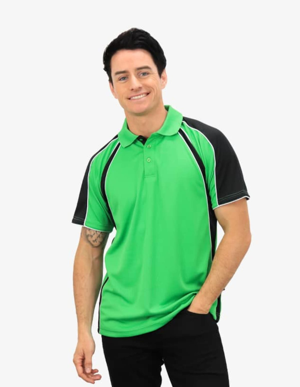 A green polo shirt with black accents and white piping, featuring a logo on the chest.