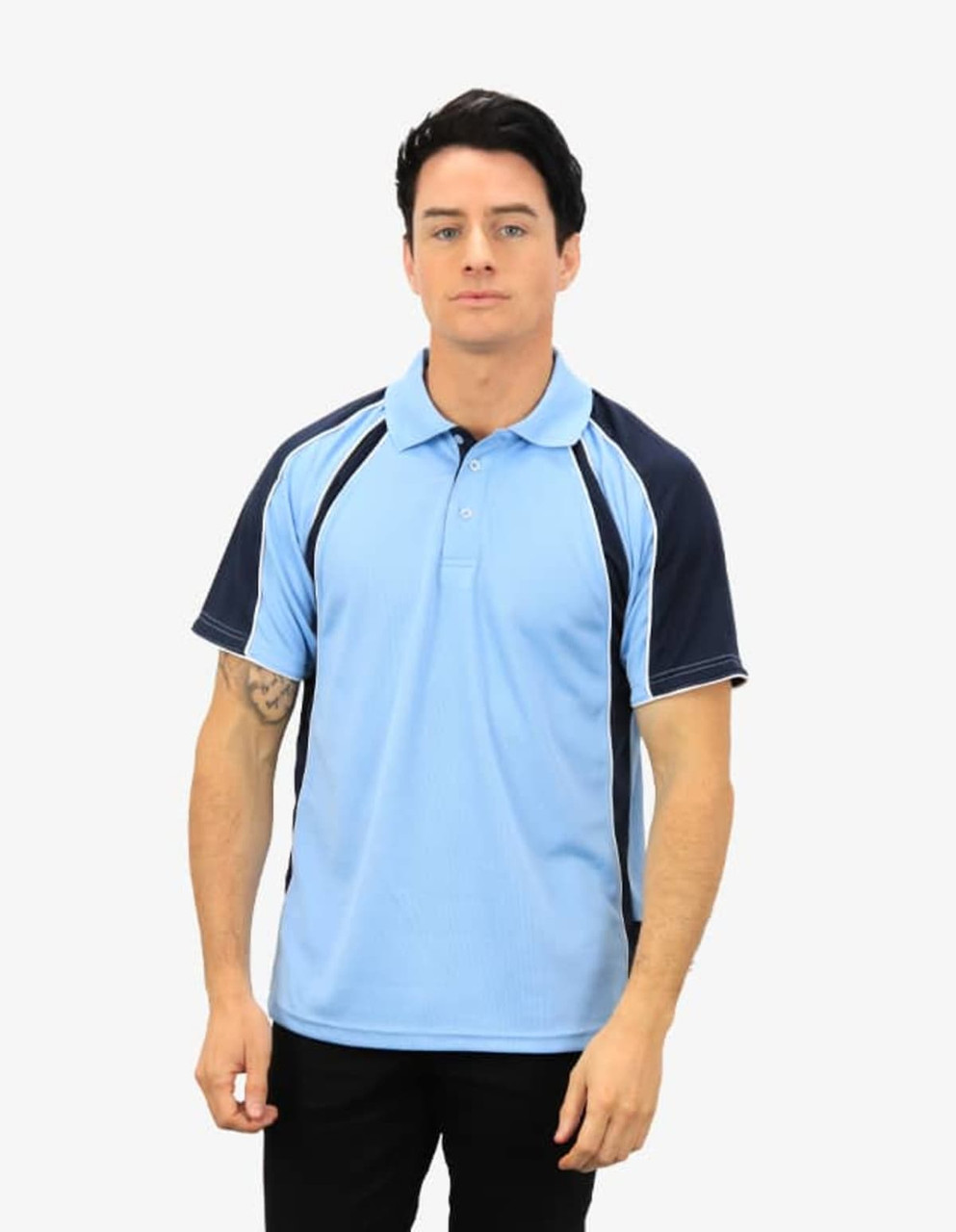 A light blue polo shirt with navy blue sleeves and trim, featuring a logo on the chest.