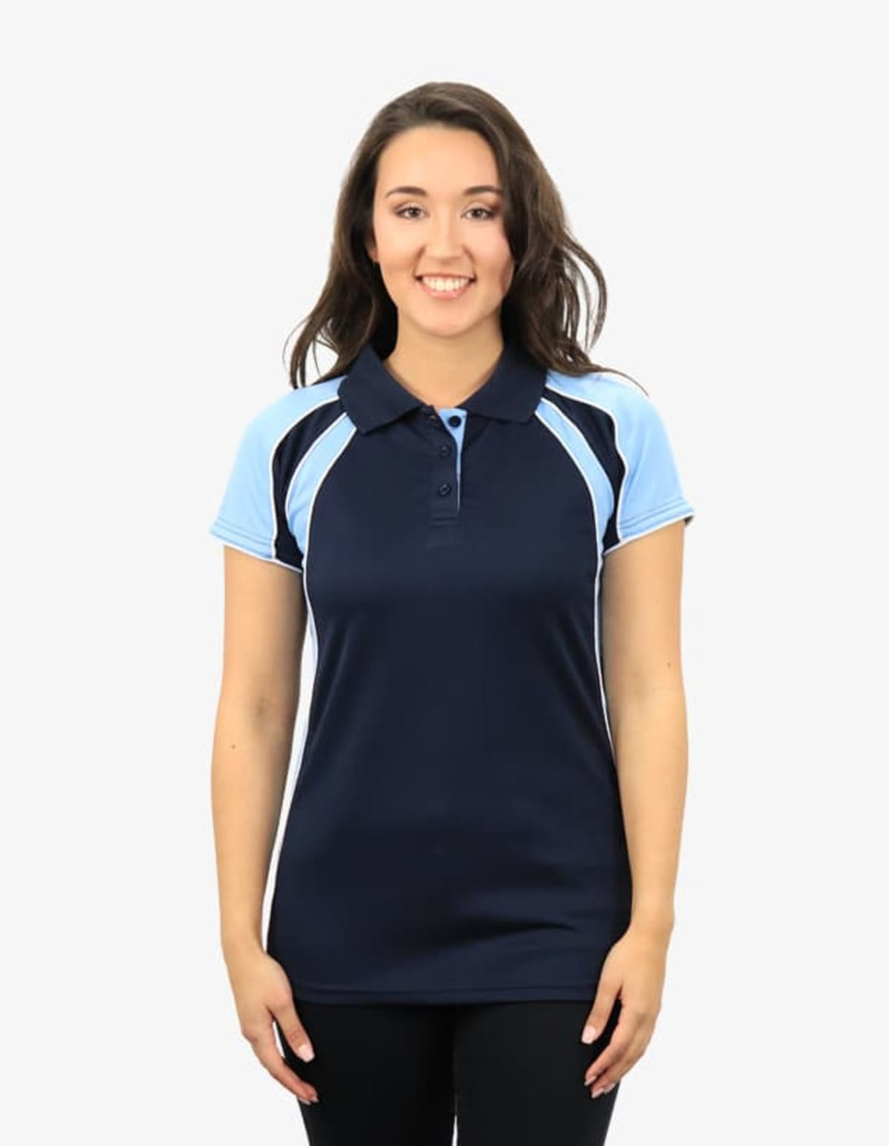 A navy blue polo shirt with light blue accents, featuring a collar and short sleeves. It has a logo.