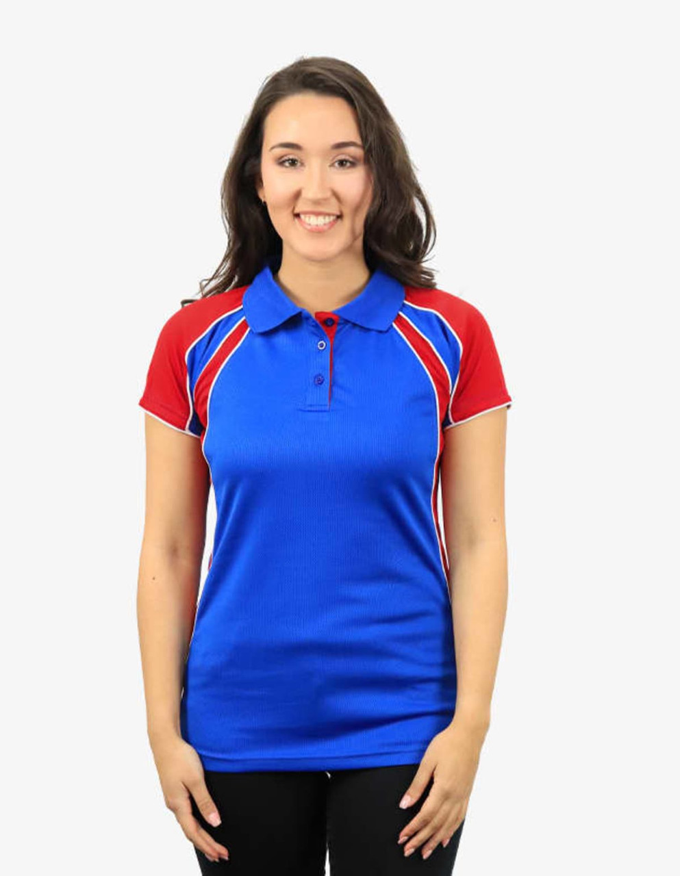 A blue polo shirt with red sleeves and white accents, featuring a logo on the chest area.