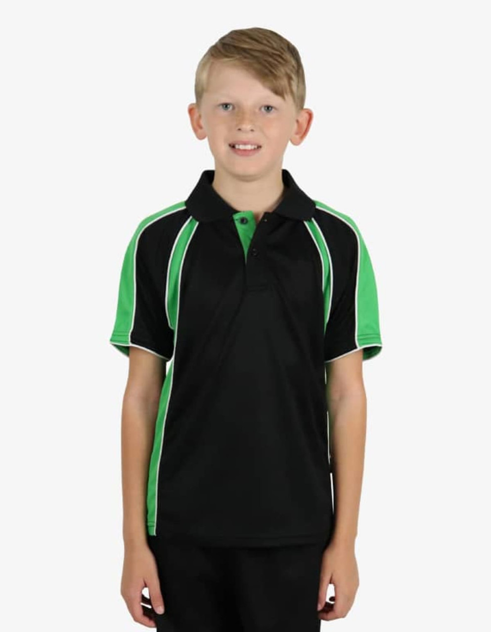 A child wearing a black polo shirt with green accents and white piping, featuring a logo.