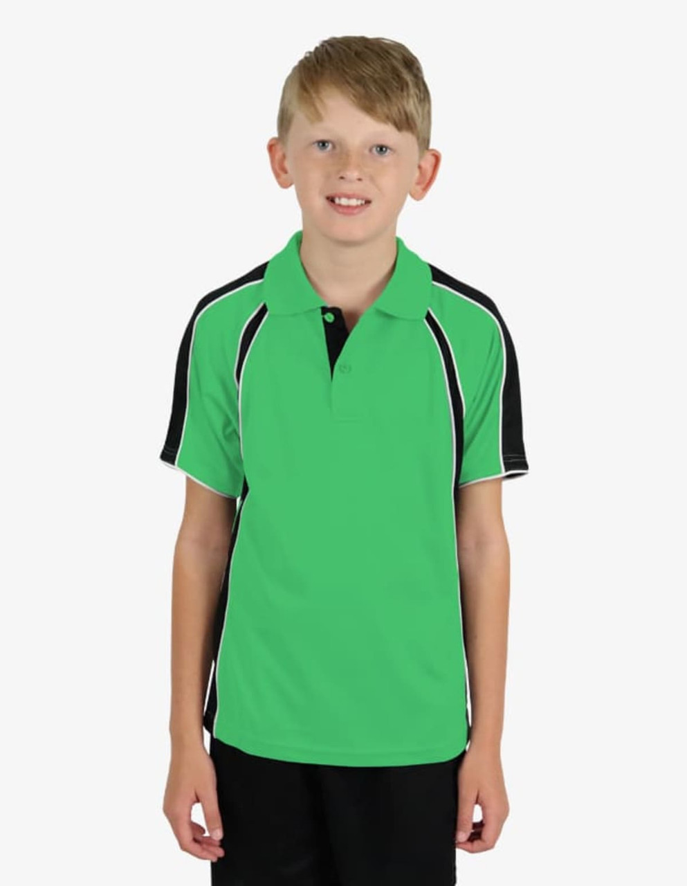 A bright green polo shirt with black accents, featuring a sporty design. The shirt has a logo on it.
