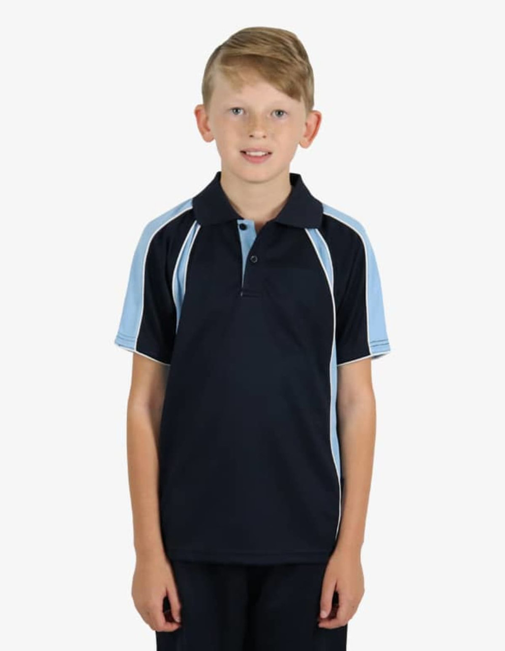 A navy and light blue polo shirt for children featuring a logo. Suitable for casual or active wear.