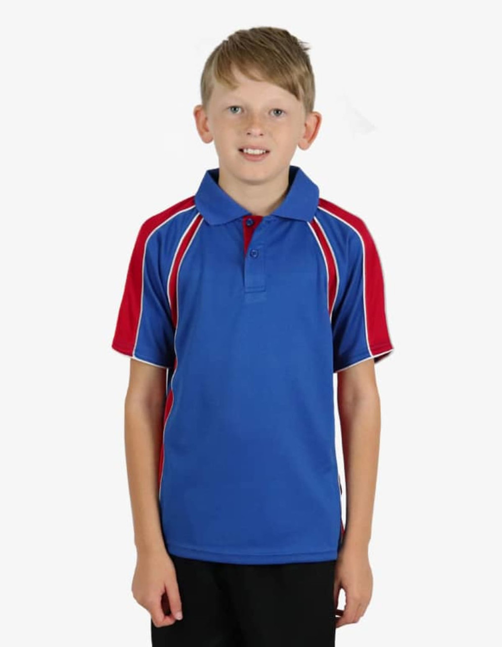 A blue polo shirt with red accents, featuring a collar and short sleeves, displayed on a young model.