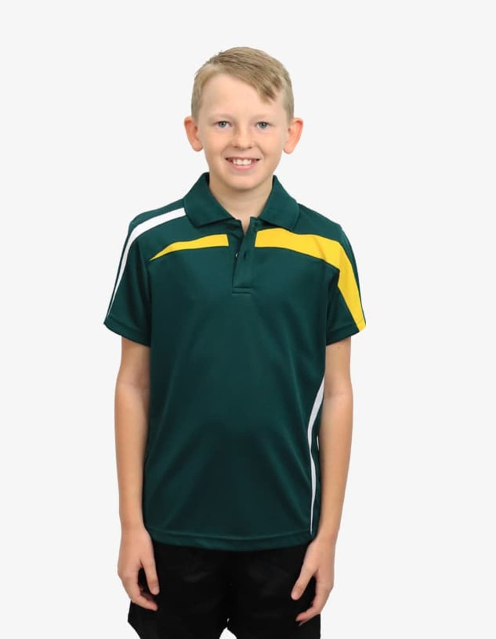 A green polo shirt with yellow and white accents, worn by a smiling child standing straight.