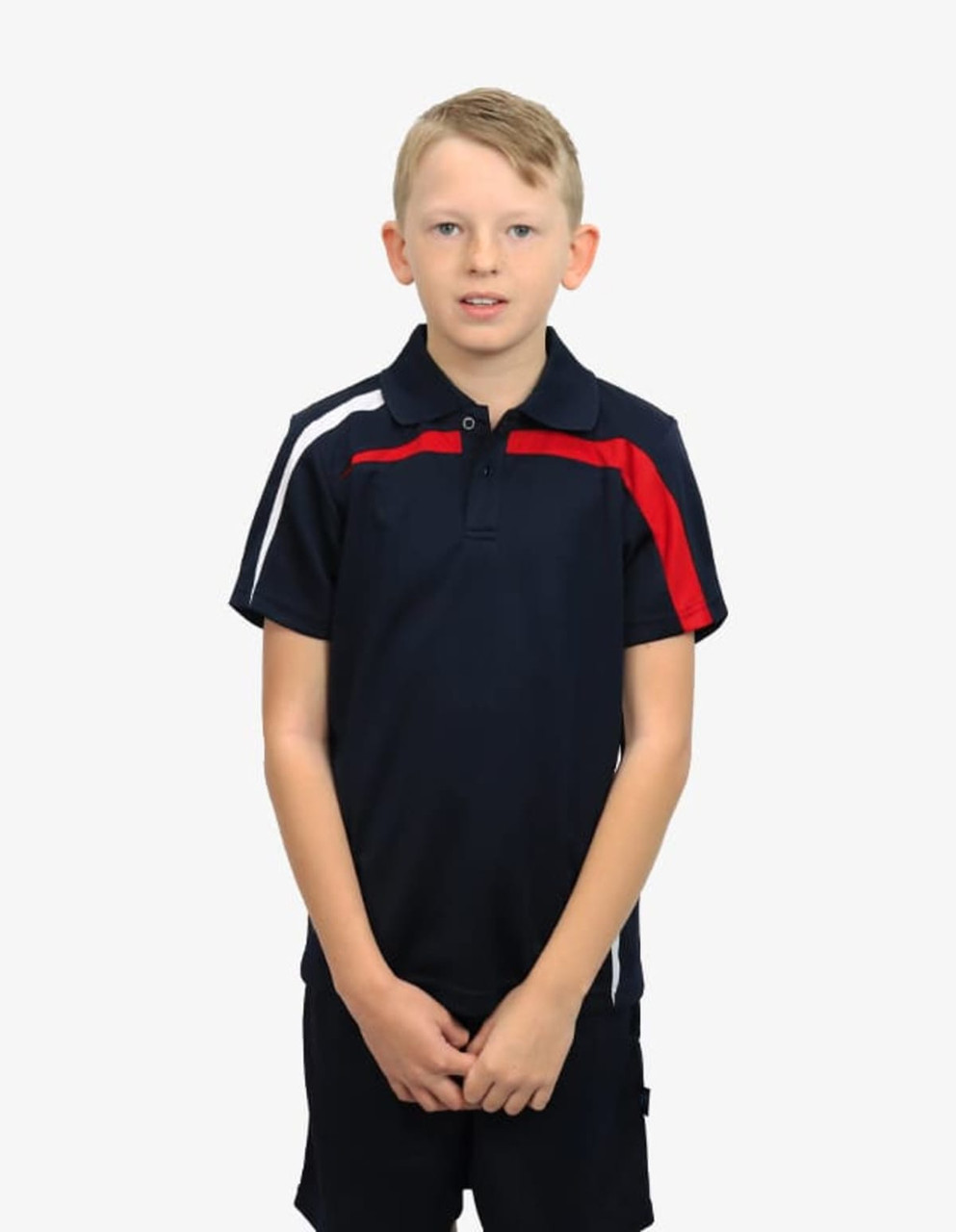 A navy blue polo shirt with red and white accents. The shirt features a logo on the chest and is worn by a young boy.