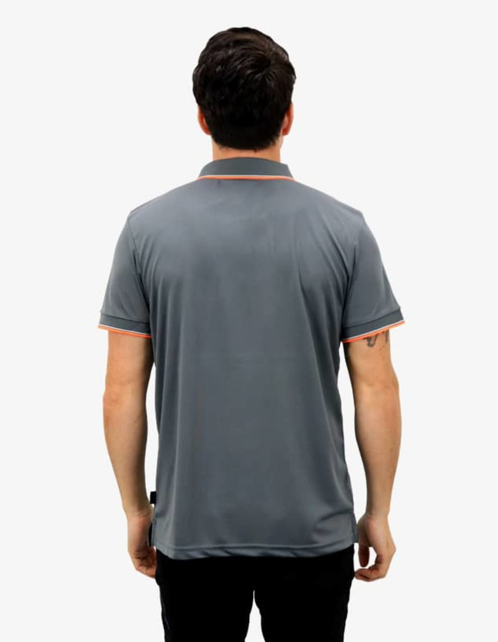 A grey polo shirt with contrasting orange collar and sleeve accents, featuring a logo on the side.