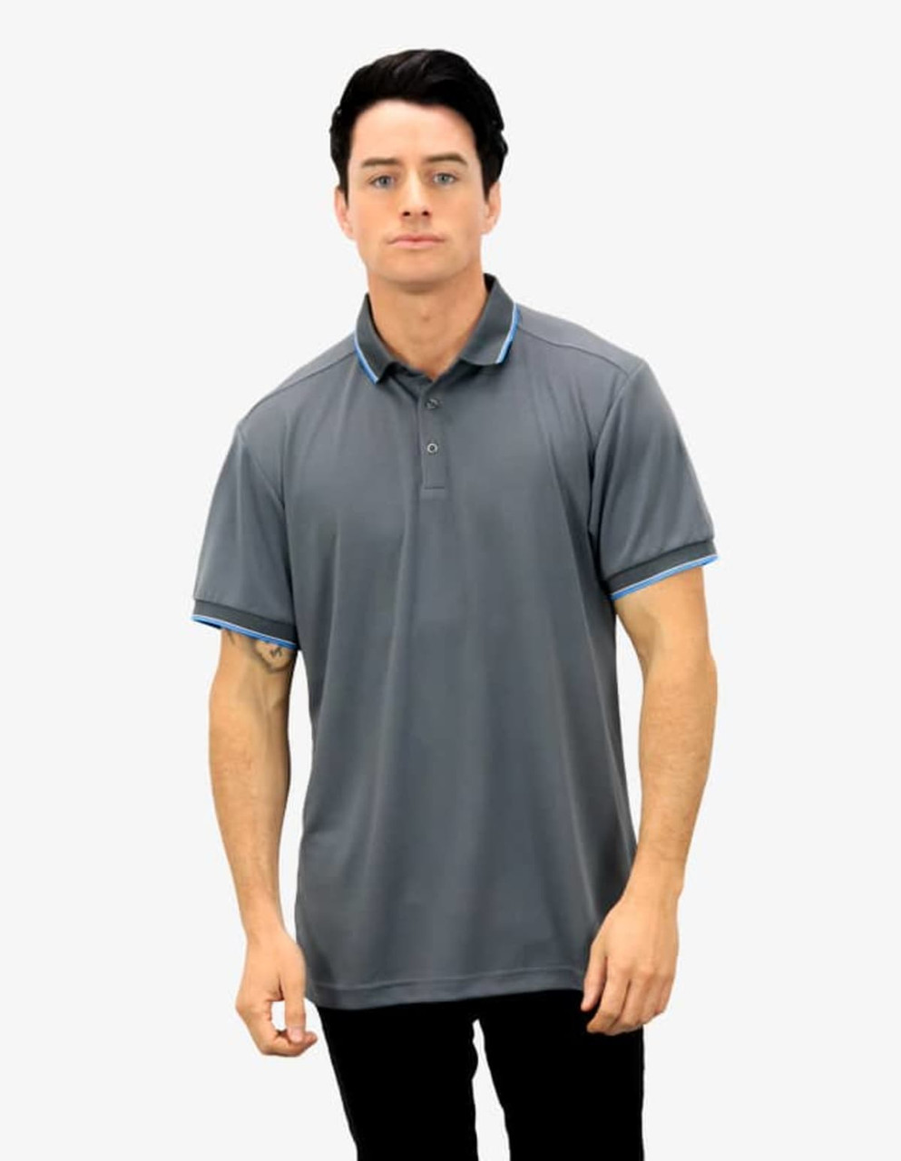 A grey polo shirt featuring blue accents on the collar and sleeves. It has a logo on the chest.