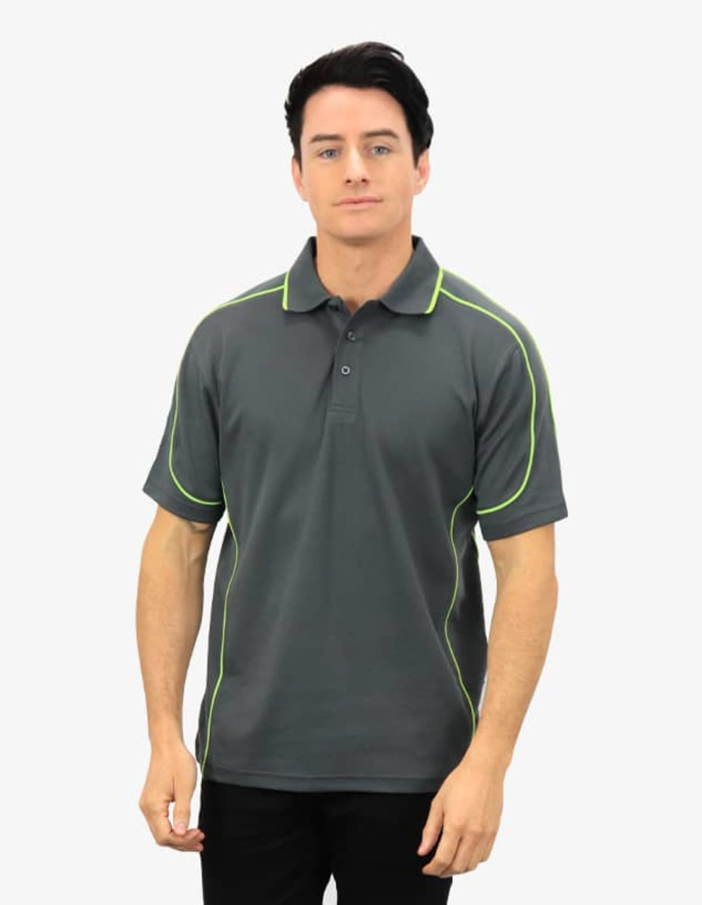 A polo shirt in dark grey with bright green piping, featuring a collar and short sleeves, and a logo on the chest.
