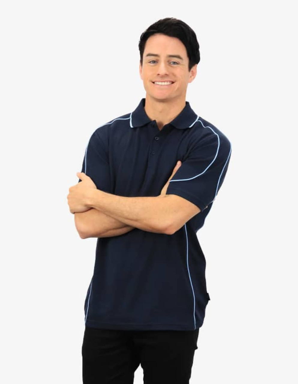 A navy polo shirt with contrasting light blue piping, featuring a logo on the chest.