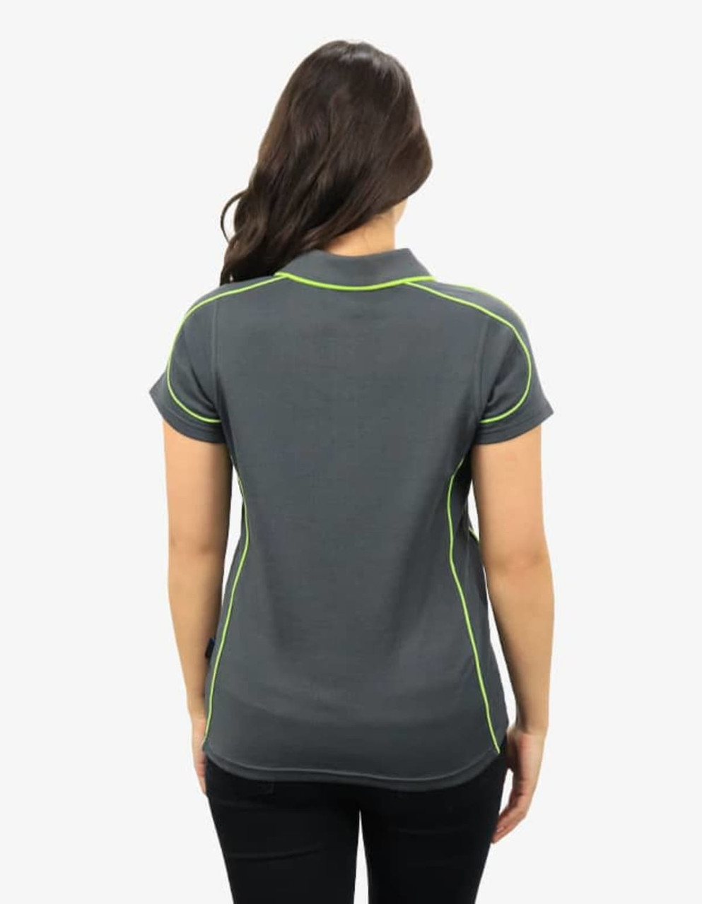 A grey polo shirt with lime green accents and a logo on the back, featuring a fitted design.