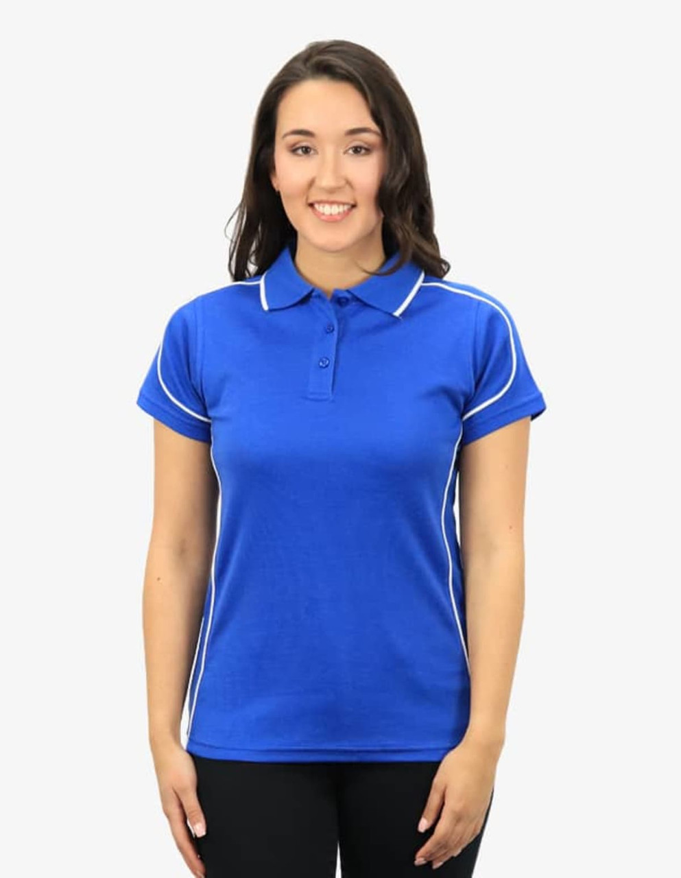 A blue polo shirt with white accents, featuring a collared neck and short sleeves, worn by a smiling model.