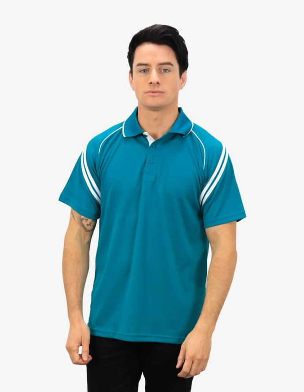 A teal polo shirt with white stripes along the shoulders and a subtle logo.