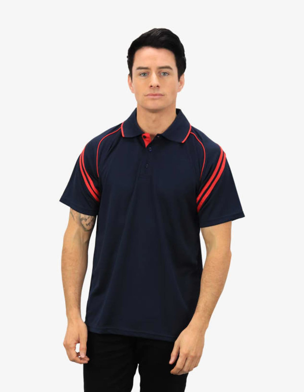 A navy polo shirt with red stripes, featuring a collar and a logo on the chest.