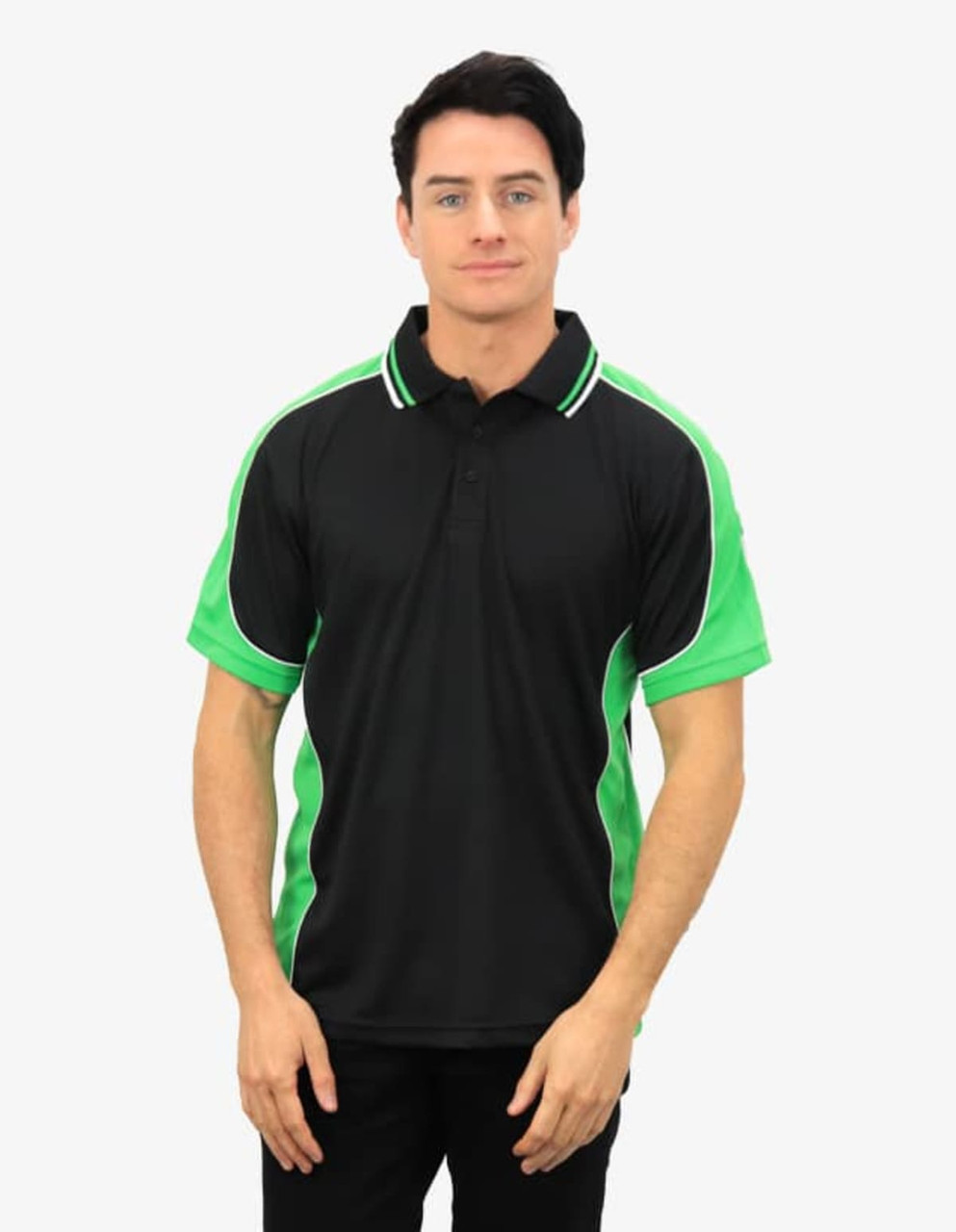 A black and green polo shirt featuring a logo, displayed on a model with a neutral background.