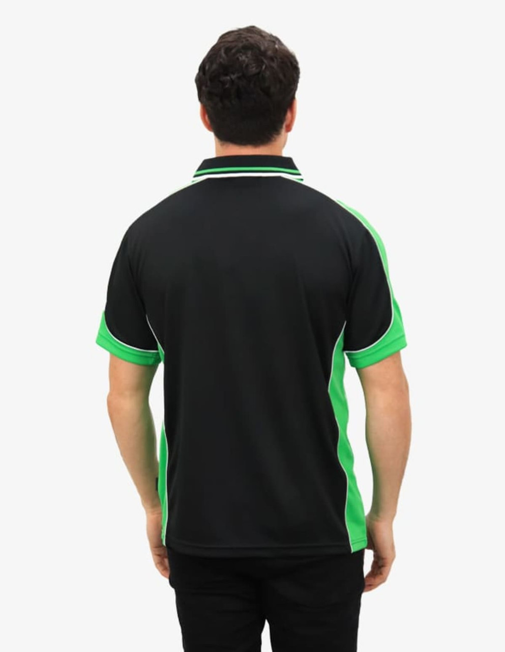 A polo shirt featuring a black body with green accents and a logo on the back.