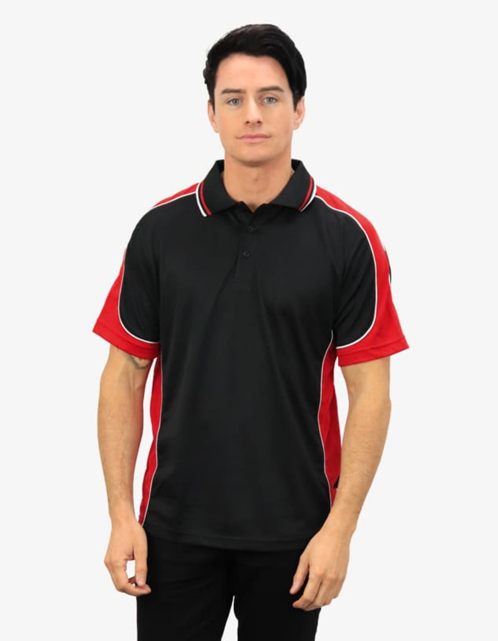 A black and red polo shirt with short sleeves and contrasting piped details, featuring a logo on one sleeve.
