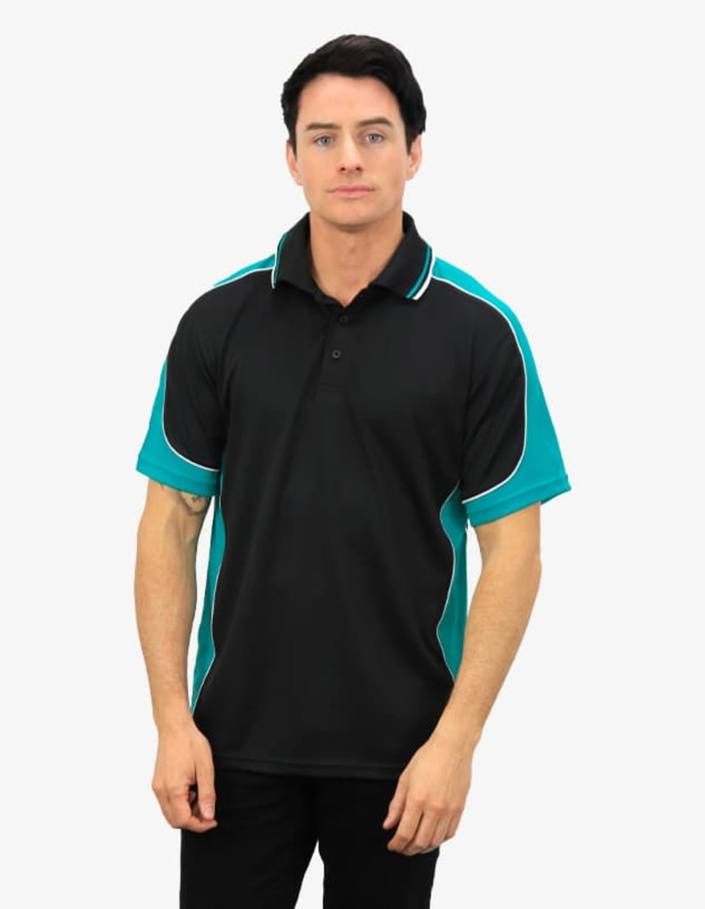 A black polo shirt with teal accents and a logo on the chest, worn by a model standing straight.