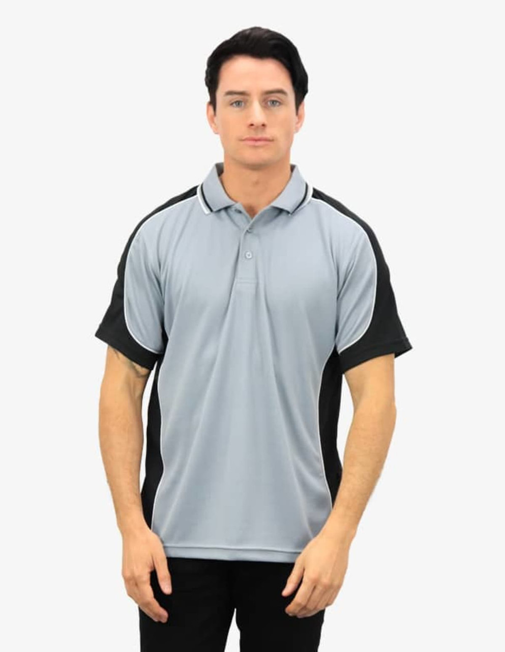 A polo shirt in grey with black accents, featuring a collar and a logo.