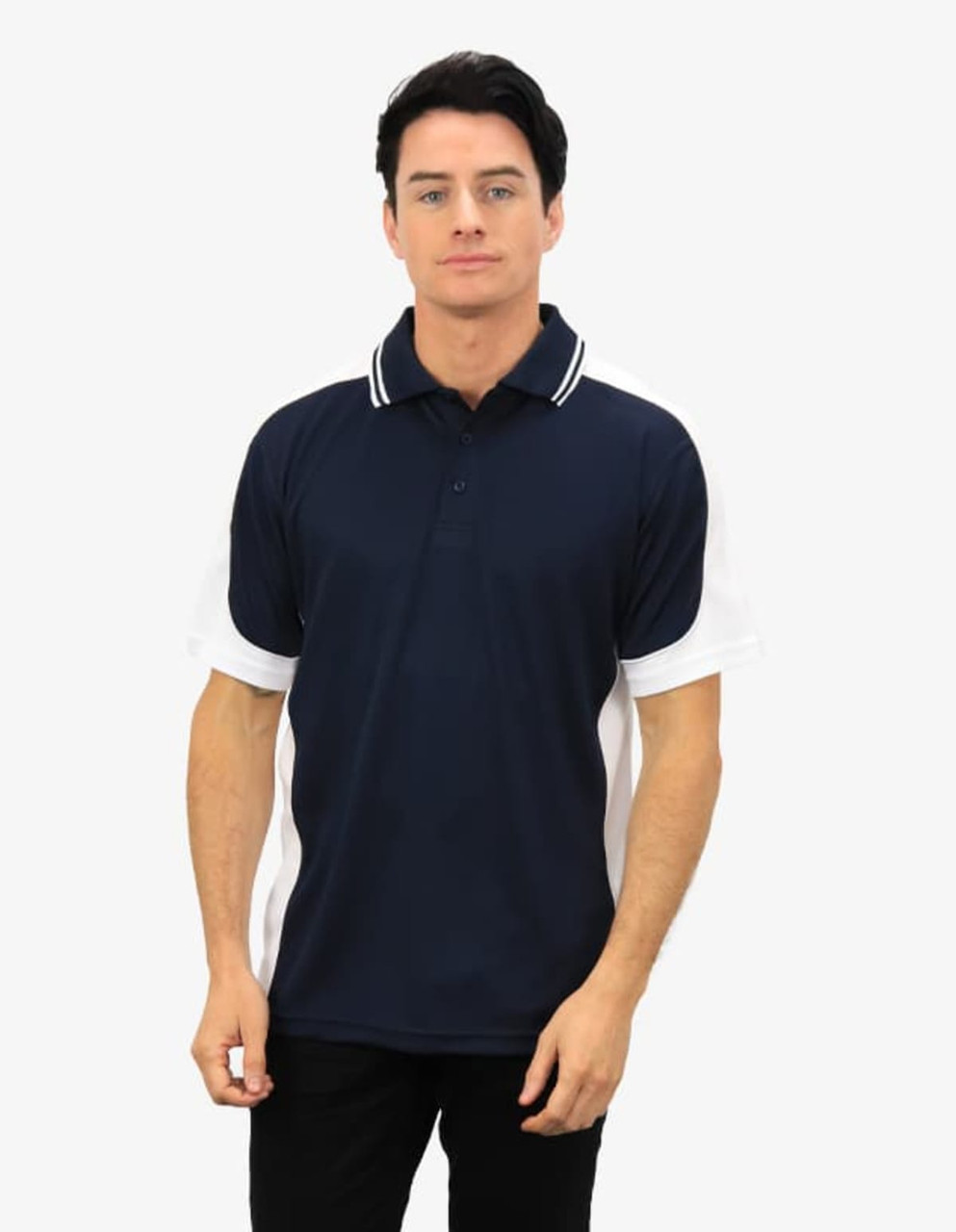 A navy blue polo shirt with white side panels and a collar, featuring a logo on the left chest.