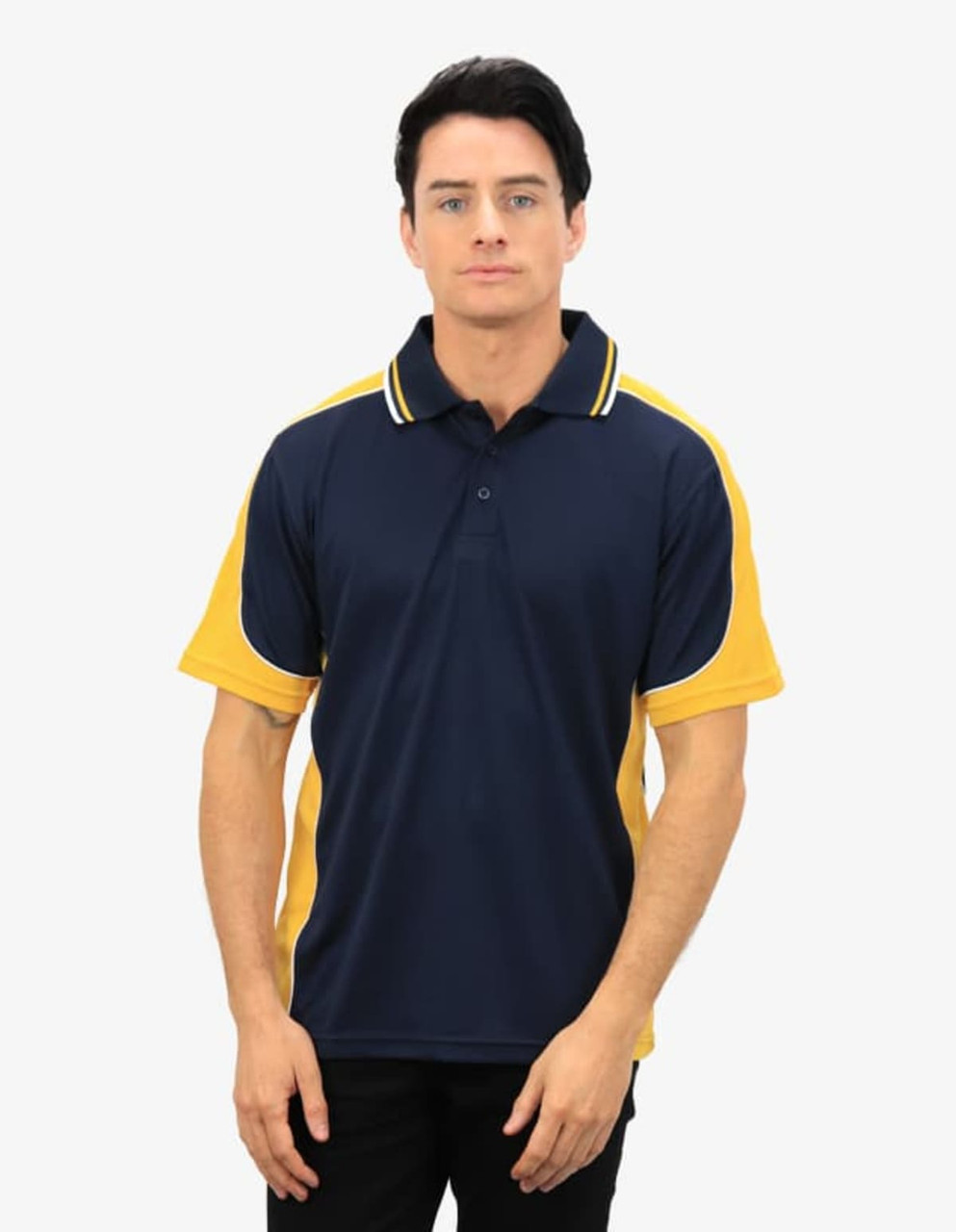 A navy and yellow polo shirt featuring a logo, designed with short sleeves and a classic collar.
