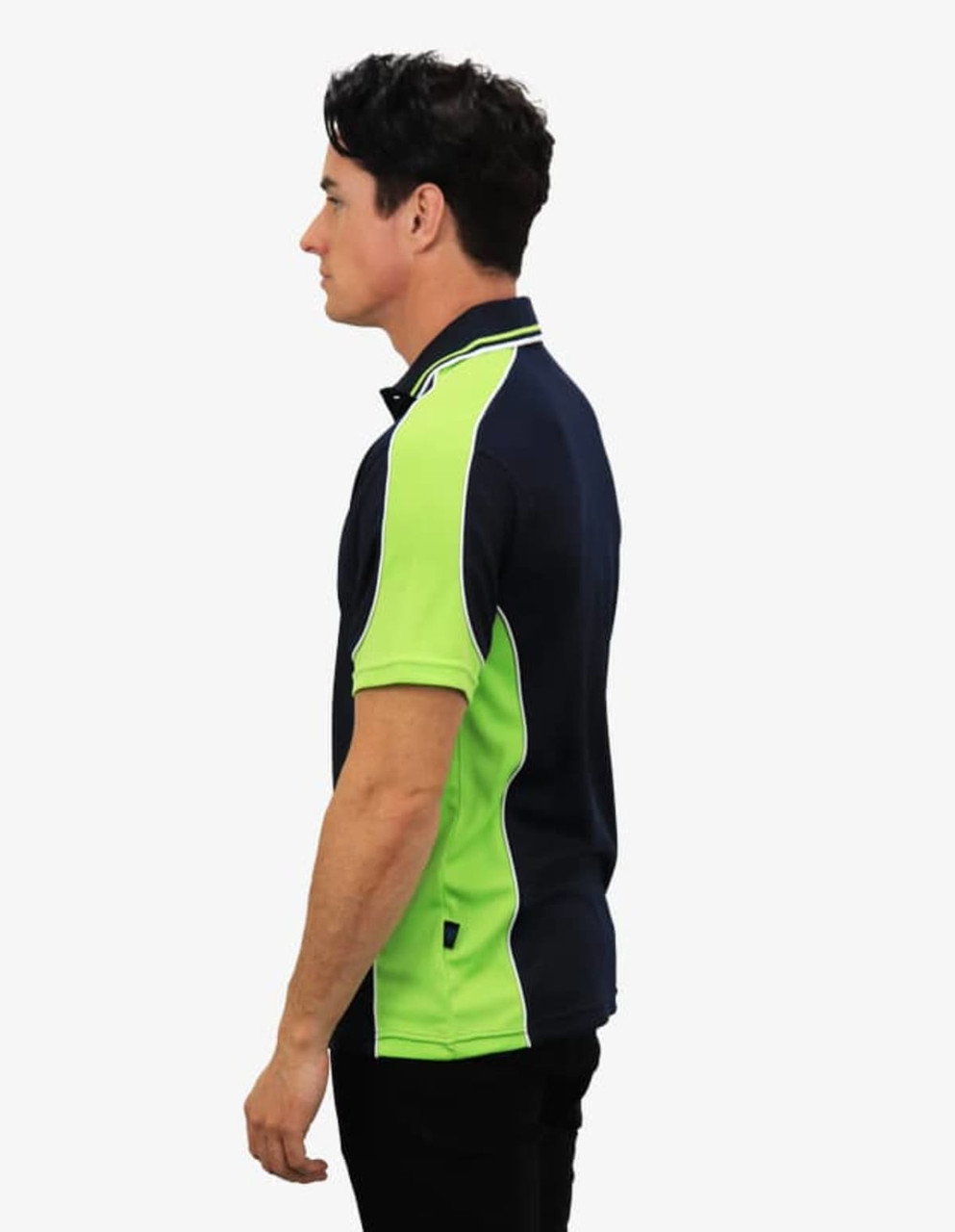 A polo shirt featuring a navy blue base with bright green side panels and a logo.