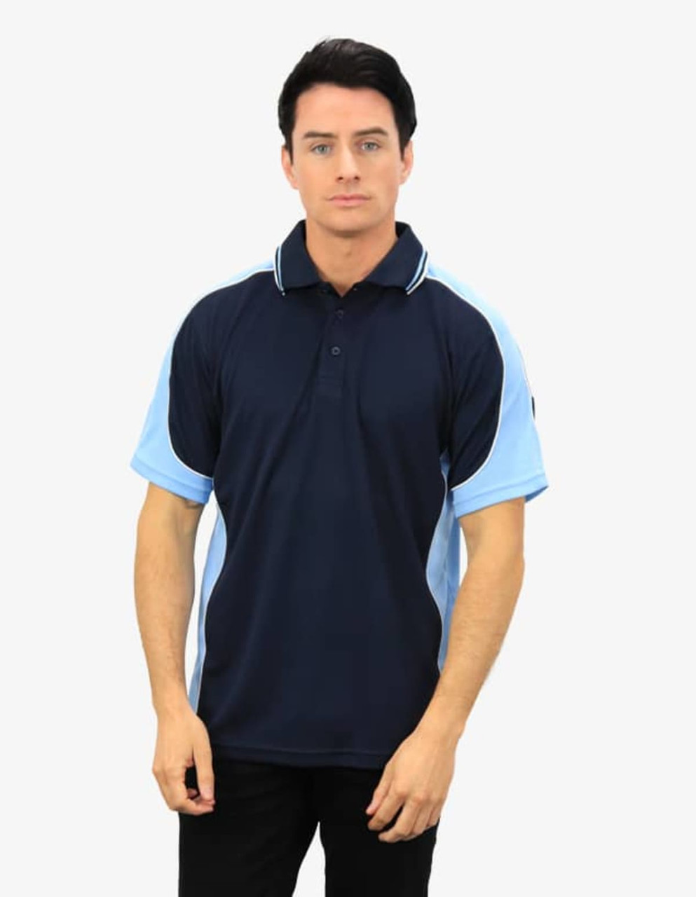 A navy blue polo shirt with light blue accents and a logo on the sleeve, modelled by a man.
