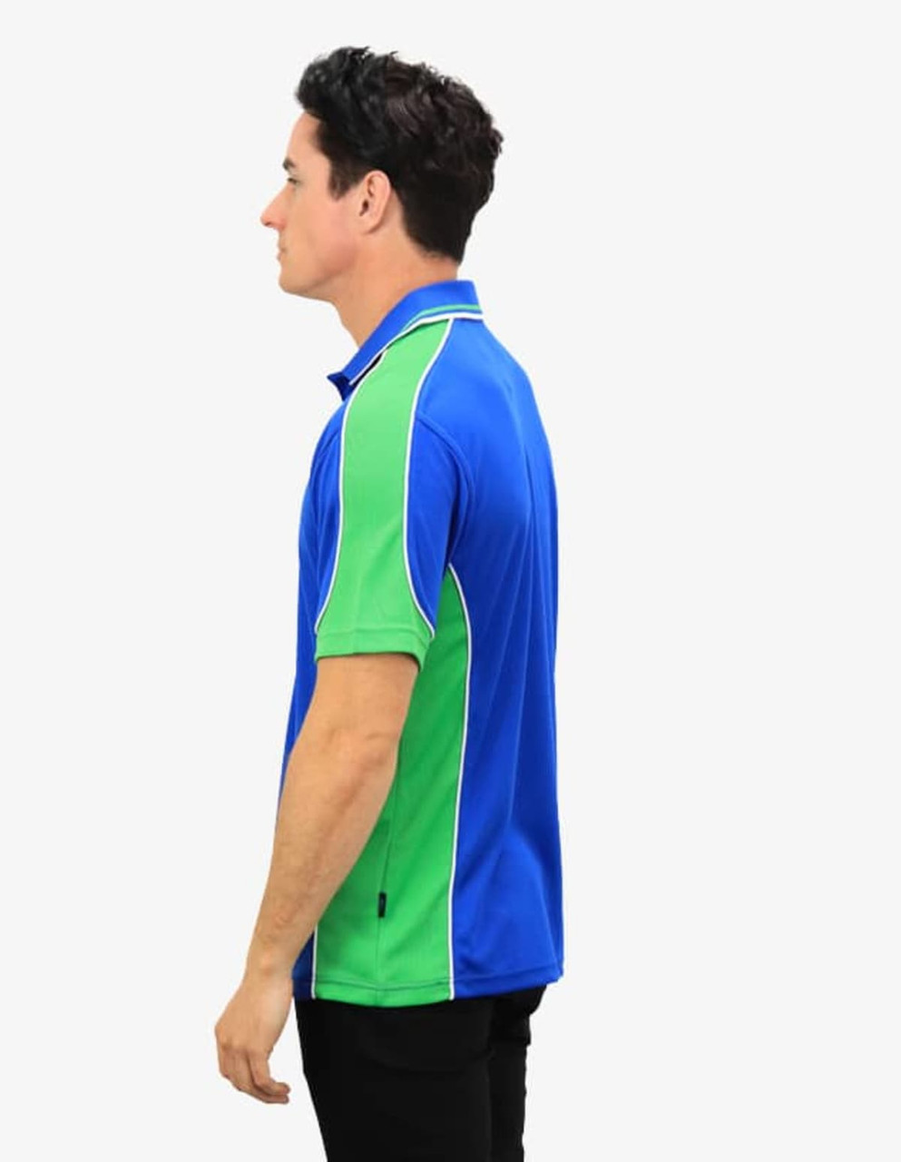 A polo shirt featuring a blue and green design with contrasting trim and a branded logo.
