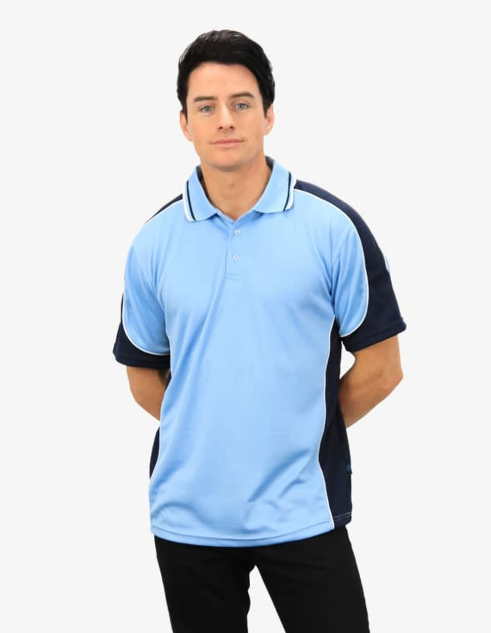 A light blue polo shirt with dark navy sleeves, featuring a logo on the chest.