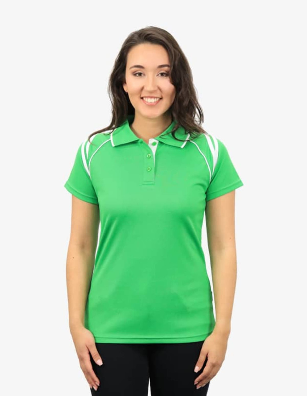 A green polo shirt featuring white accents and a logo, modelled by a woman.