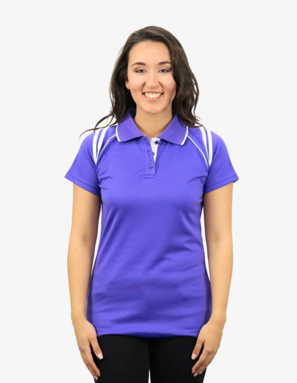 A purple polo shirt featuring white accents, displayed on a model against a neutral background.