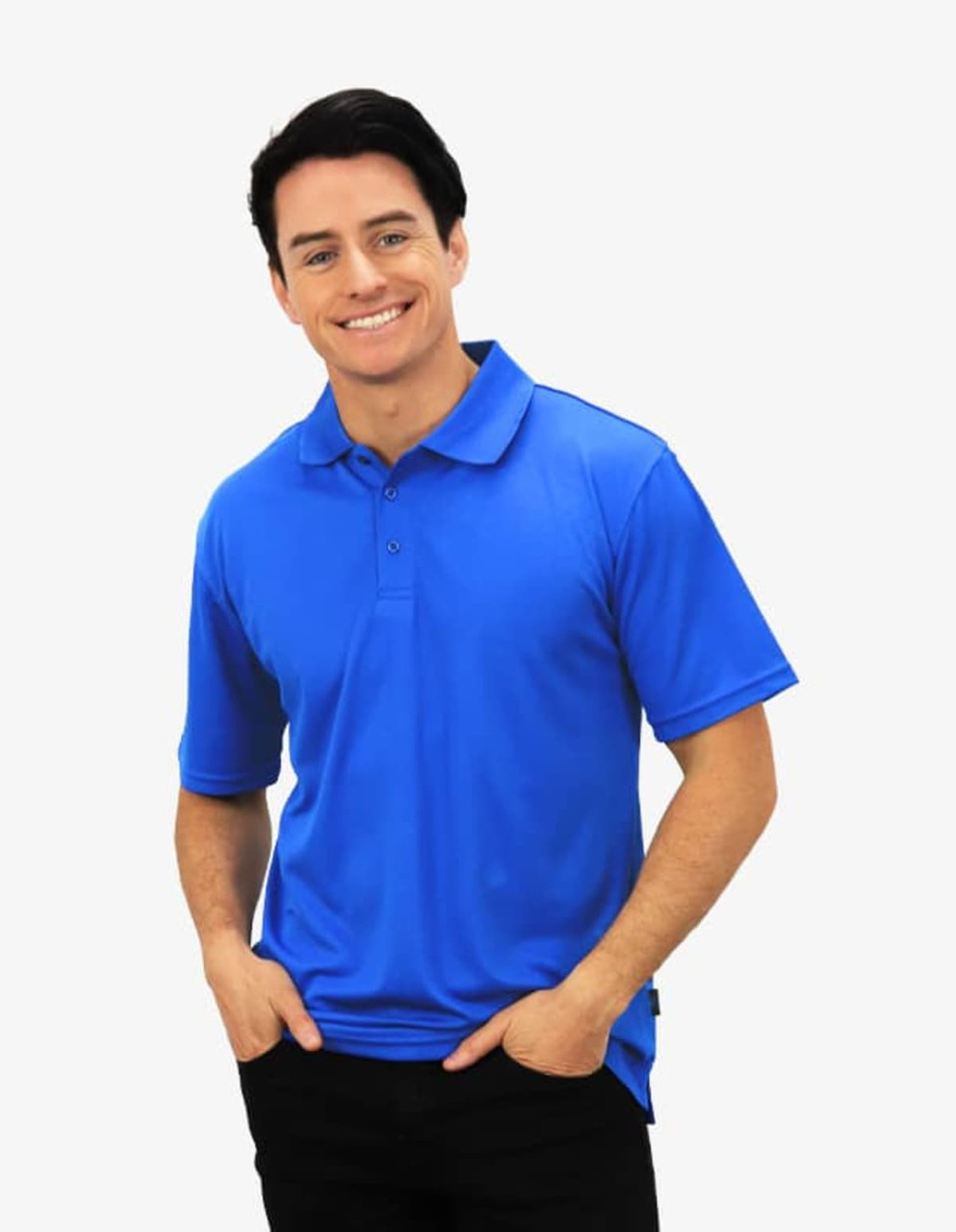 A blue polo shirt worn by a smiling man, featuring a collar and short sleeves. The shirt has a logo.