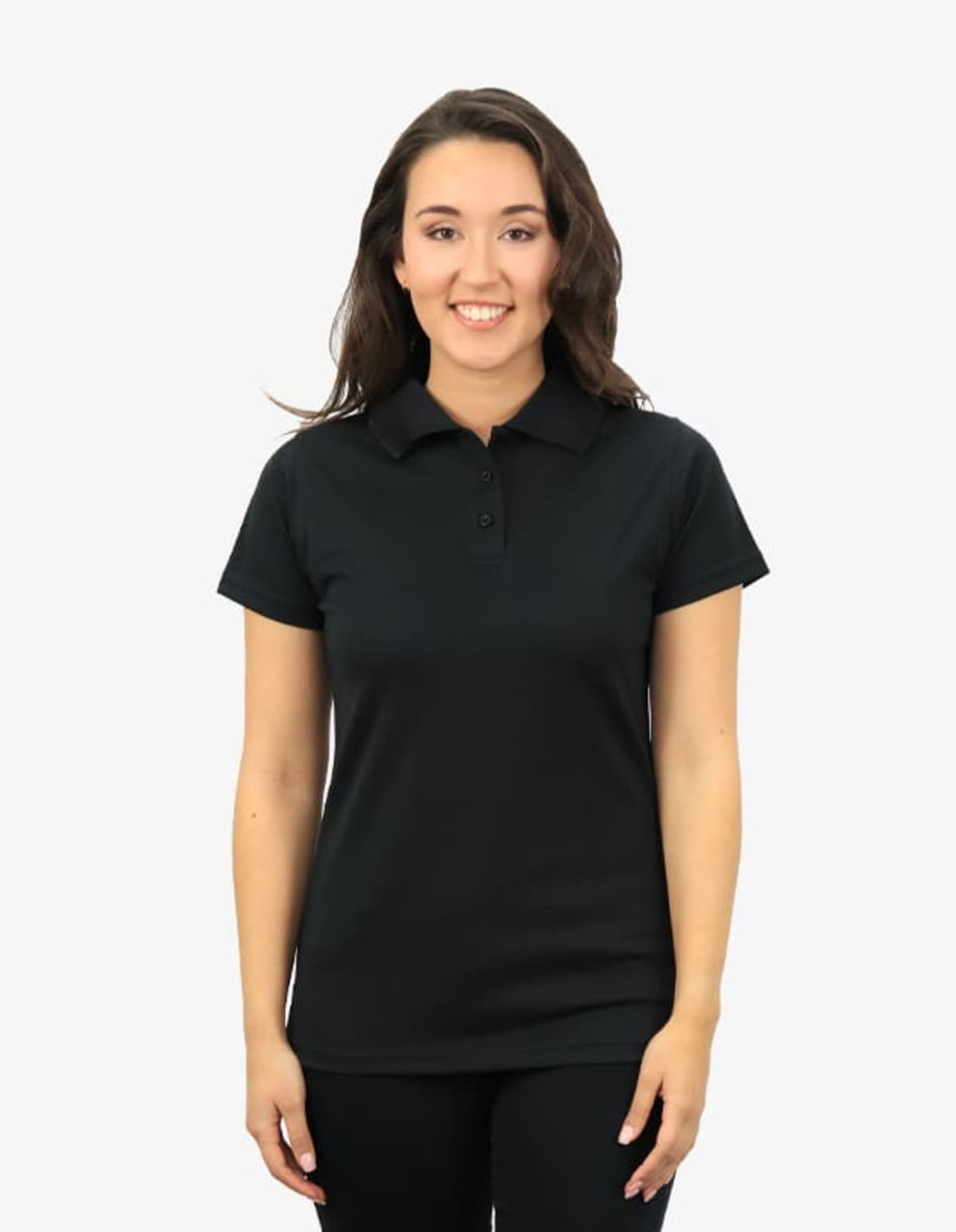 A black polo shirt displayed on a model, featuring a collar and three buttons, with a subtle logo.